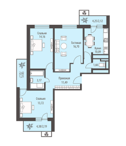 Планировка 3-комнатной квартиры в Позитив