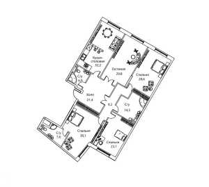 Планировка 4-комнатной квартиры в Жизнь на Плющихе - тип 1