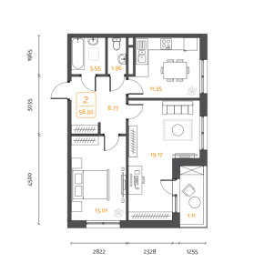 Планировка 2-комнатной квартиры в Гринада