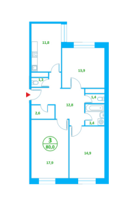 Планировка 3-комнатной квартиры в Западный берег