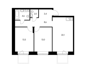 Планировка двухкомнатной квартиры в Черняховского 19