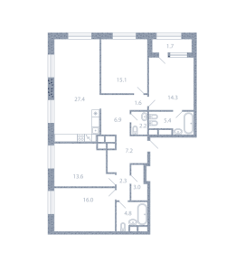 Планировка 4-комнатной квартиры в Серебряный фонтан - тип 1