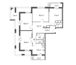 Планировка 4-комнатной квартиры в Счастье в Садовниках - тип 1