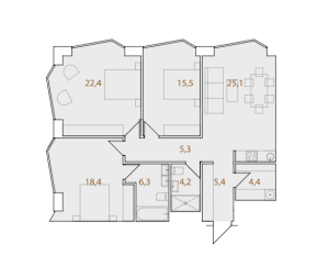 Планировка 3-комнатной квартиры в A-Residence
