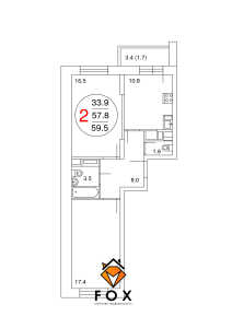 Планировка 2-комнатной квартиры в Лесной квартал - тип 1