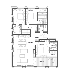Планировка 4-комнатной квартиры в Цвет32 - тип 1