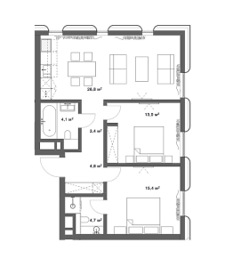 Планировка 2-комнатной квартиры в Цвет32