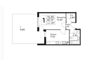 Планировка 1-комнатной квартиры в Эко Бунино - тип 2