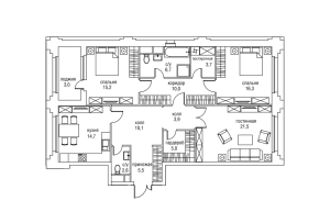 Планировка 4-комнатной квартиры в Оливковый дом - тип 1
