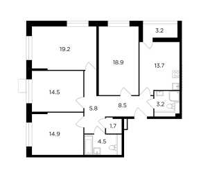 Планировка 4-комнатной квартиры в Лесопарковый - тип 1