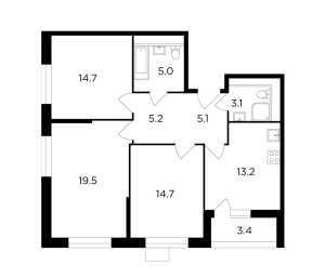 Планировка 3-комнатной квартиры в Лесопарковый