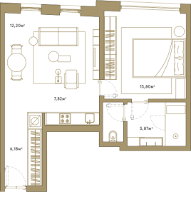 Планировка 1-комнатной квартиры в Roza Rossa