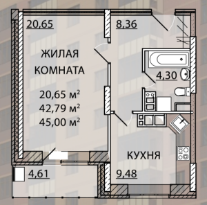 Планировка 1-комнатной квартиры в на ул. Карла Маркса