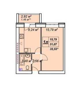 Планировка 1-комнатной квартиры в У пруда