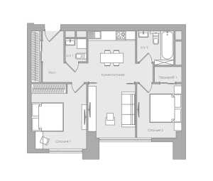 Планировка 2-комнатной квартиры в Небо