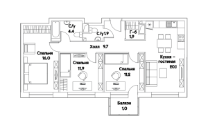 Планировка 3-комнатной квартиры в Fresh