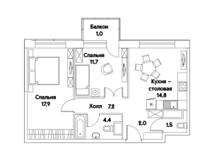Планировка 2-комнатной квартиры в Fresh