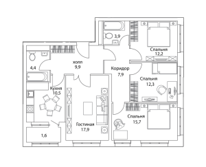 Планировка 4-комнатной квартиры в Огни - тип 1