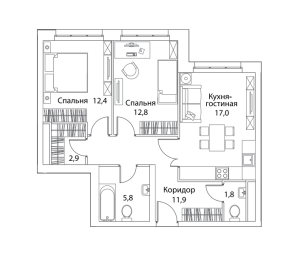 Планировка 3-комнатной квартиры в Огни