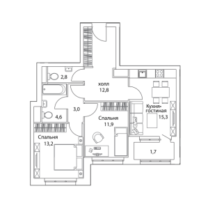 Планировка двухкомнатной квартиры в Огни