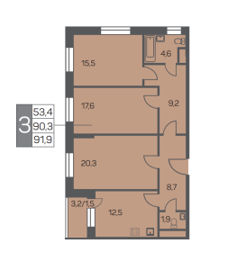 Планировка 3-комнатной квартиры в Карамельный