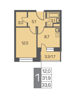 Планировка 1-комнатной квартиры в Карамельный