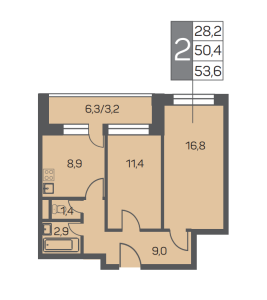 Планировка 2-комнатной квартиры в Карамельный
