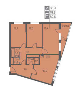 Планировка 4-комнатной квартиры в Карамельный - тип 1