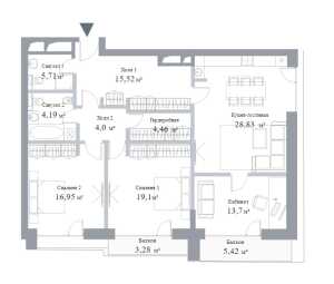 Планировка 3-комнатной квартиры в Hill 8