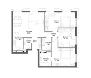 Планировка 4-комнатной квартиры в Discovery - тип 1