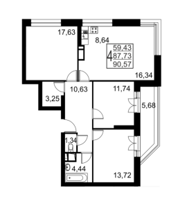 Планировка 4-комнатной квартиры в Речной - тип 1