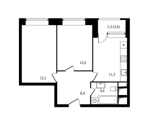 Планировка 2-комнатной квартиры в Фонвизинский