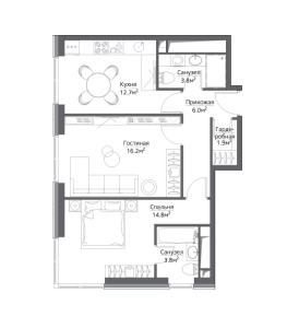Планировка 2-комнатной квартиры в Метрополия