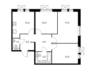 Планировка 3-комнатной квартиры в Белая Дача парк