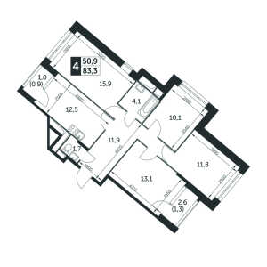 Планировка 4-комнатной квартиры в Датский квартал - тип 1