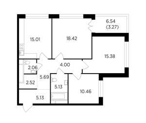 Планировка 3-комнатной квартиры в RiverSky