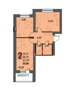 Планировка 2-комнатной квартиры в Тепло