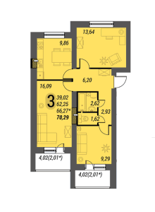 Планировка 3-комнатной квартиры в Тепло