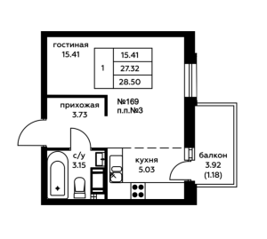 Планировка 1-комнатной квартиры в Цветочные поляны