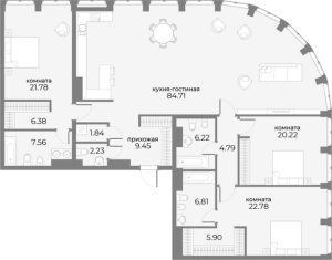 Планировка 3-комнатной квартиры в SkyView