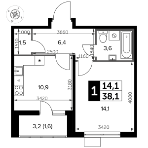 Планировка 1-комнатной квартиры в Южная Битца