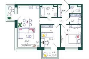 Планировка 2-комнатной квартиры в Shagal