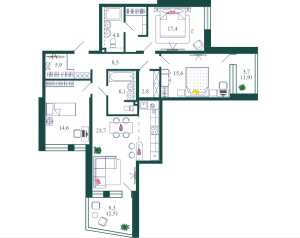 Планировка 3-комнатной квартиры в Shagal