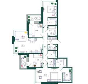 Планировка 4-комнатной квартиры в Shagal - тип 1