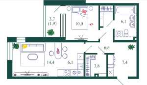 Планировка 1-комнатной квартиры в Shagal