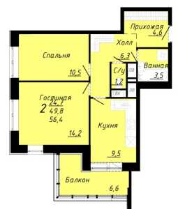 Планировка 2-комнатной квартиры в Пионер