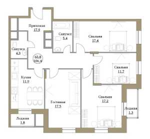 Планировка 4-комнатной квартиры в Большая Семерка - тип 1