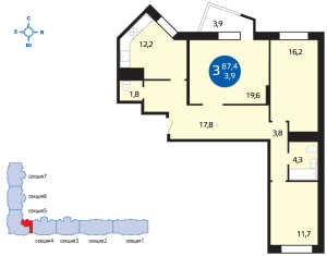 Планировка 3-комнатной квартиры в Гусарская баллада