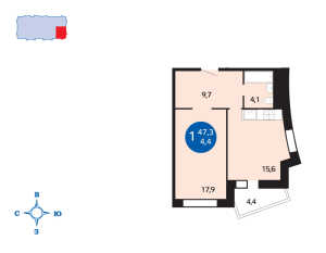 Планировка 1-комнатной квартиры в Гусарская баллада