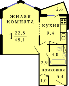 Планировка 1-комнатной квартиры в Акварель